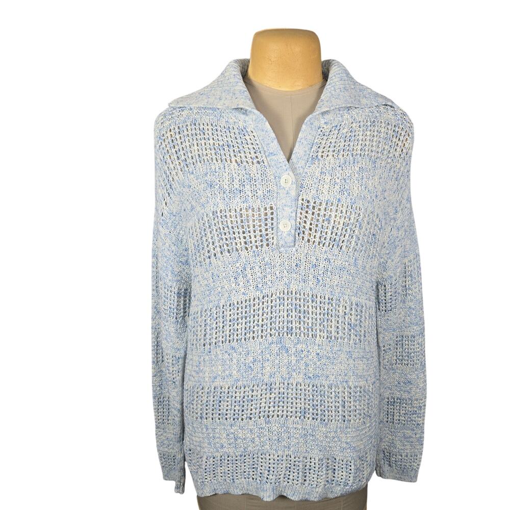 Talbots Blue White Open‎ Knit Sweater Collared Pullover XL Coatal Resort Beachy